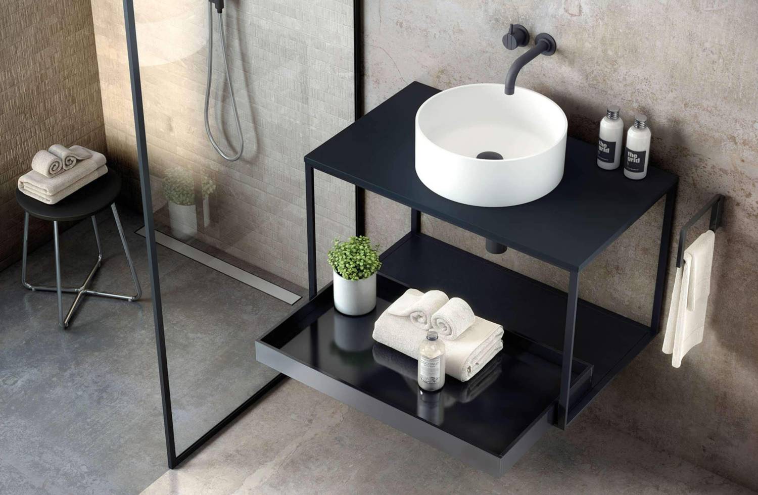 Mueble The Grid Evo 80 cm negro con estante deslizante negro y lavabo redondo Cosmic
