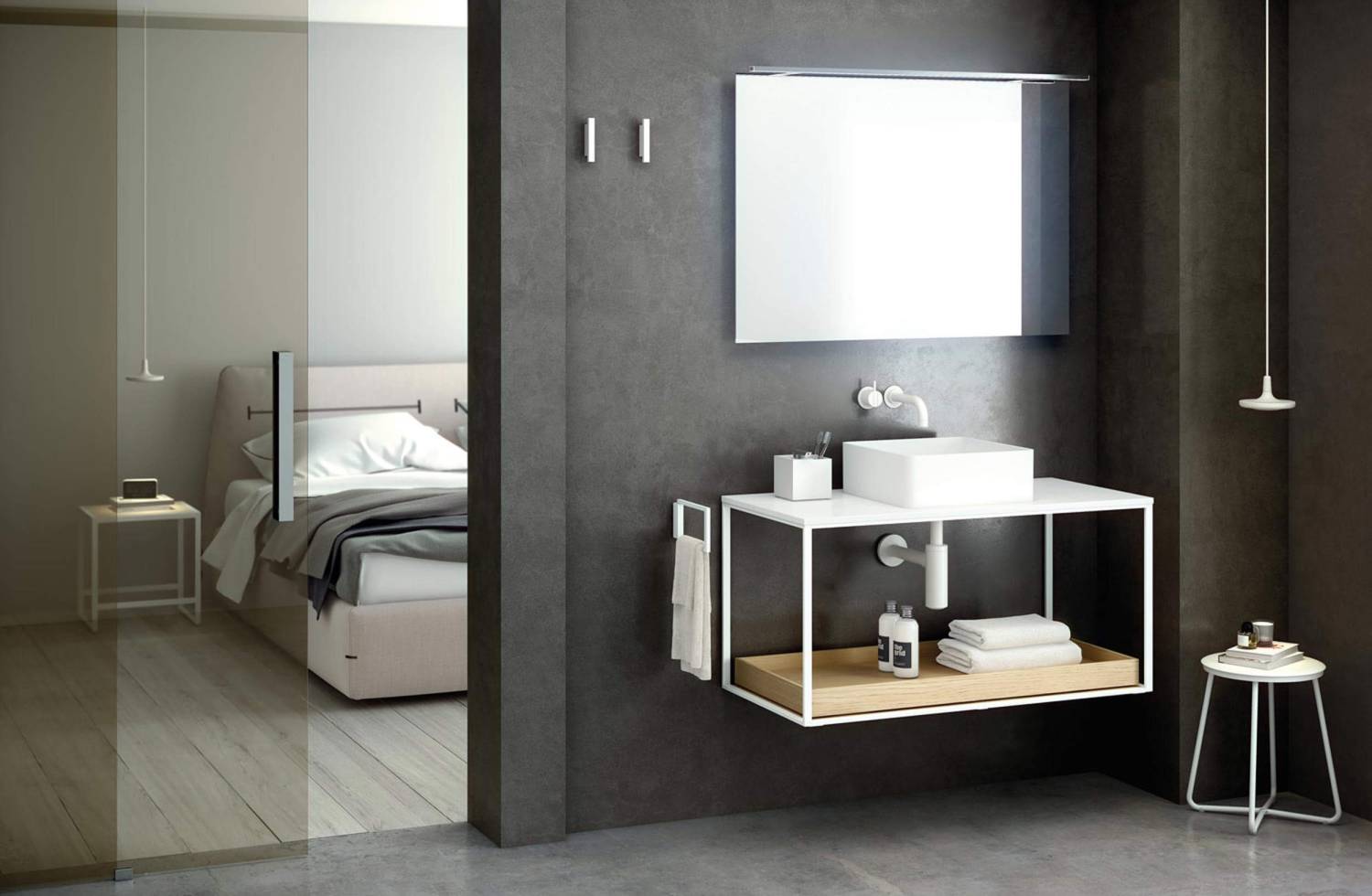 Mueble The Grid Evo 100 cm blanco con estante deslizante roble claro y lavabo cuadrado Cosmic